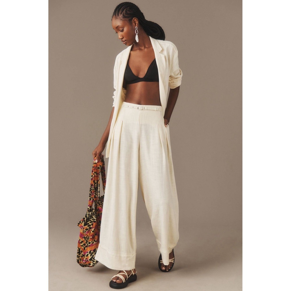 Anthropologie Women Beach Trouser Pants Linen City Pleated Wide Leg High Rise 8